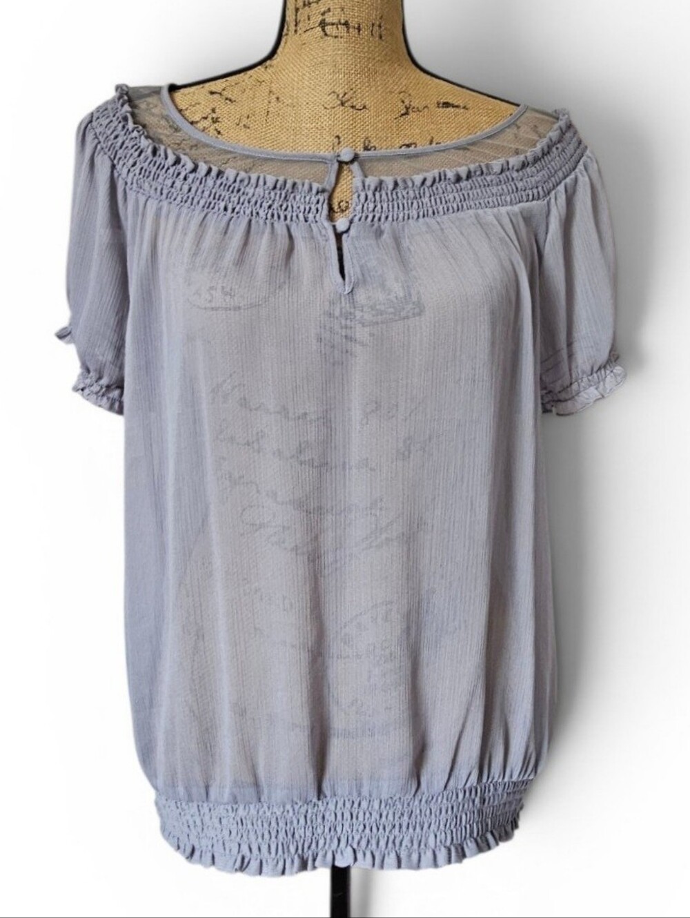 Express Light Gray Smocked Off-Shoulder Sheer Boho Short Sleeve Blouse, Size M